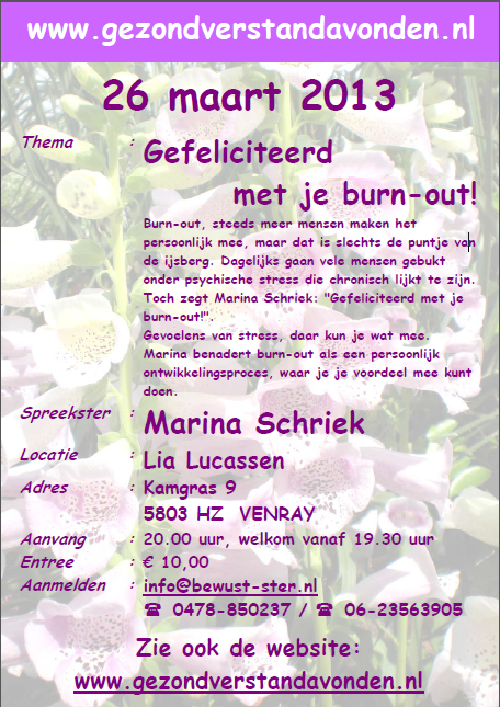 Gefeliciteerd met je burn-out 26 maart Venray Marina Schriek